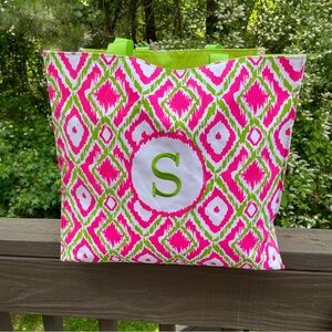 Tote Bag with Monogrammed S pink green white print 2 handles